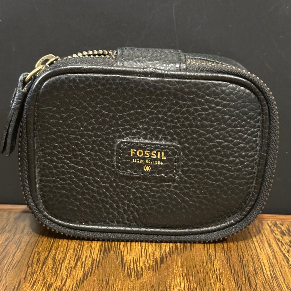 Fossil Black Pebbled Leather Small Travel Jewelry Case Zip Pouch Issue